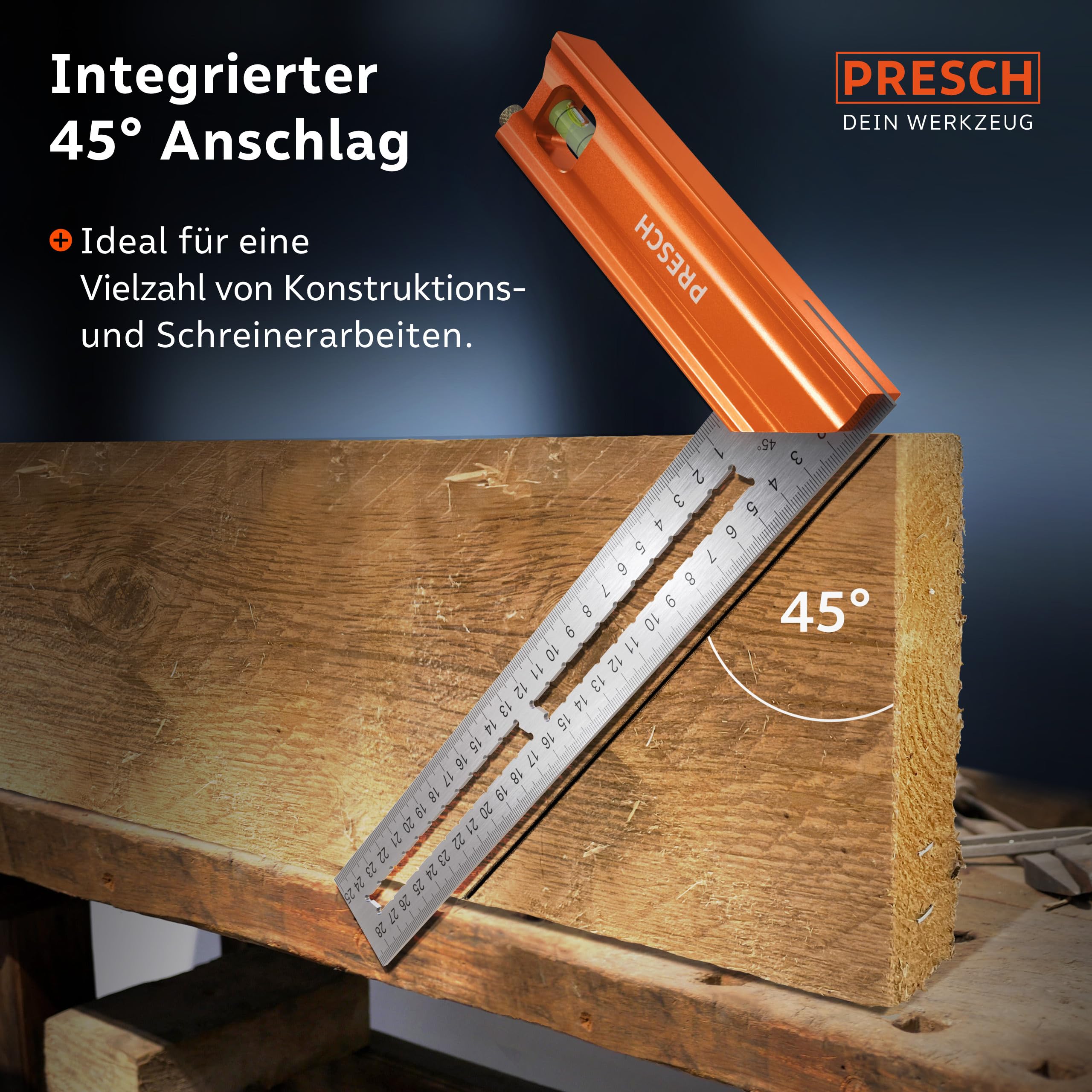 Presch Anschlagwinkel 250mm - Hochpräzise & Rostfrei - Innovatives Streichmaß 25cm - Exakter Schreinerwinkel inkl. Wasserwaage & Anreißnadel für ultimative Vielseitigkeit - Perfekte 90° & 45° 3