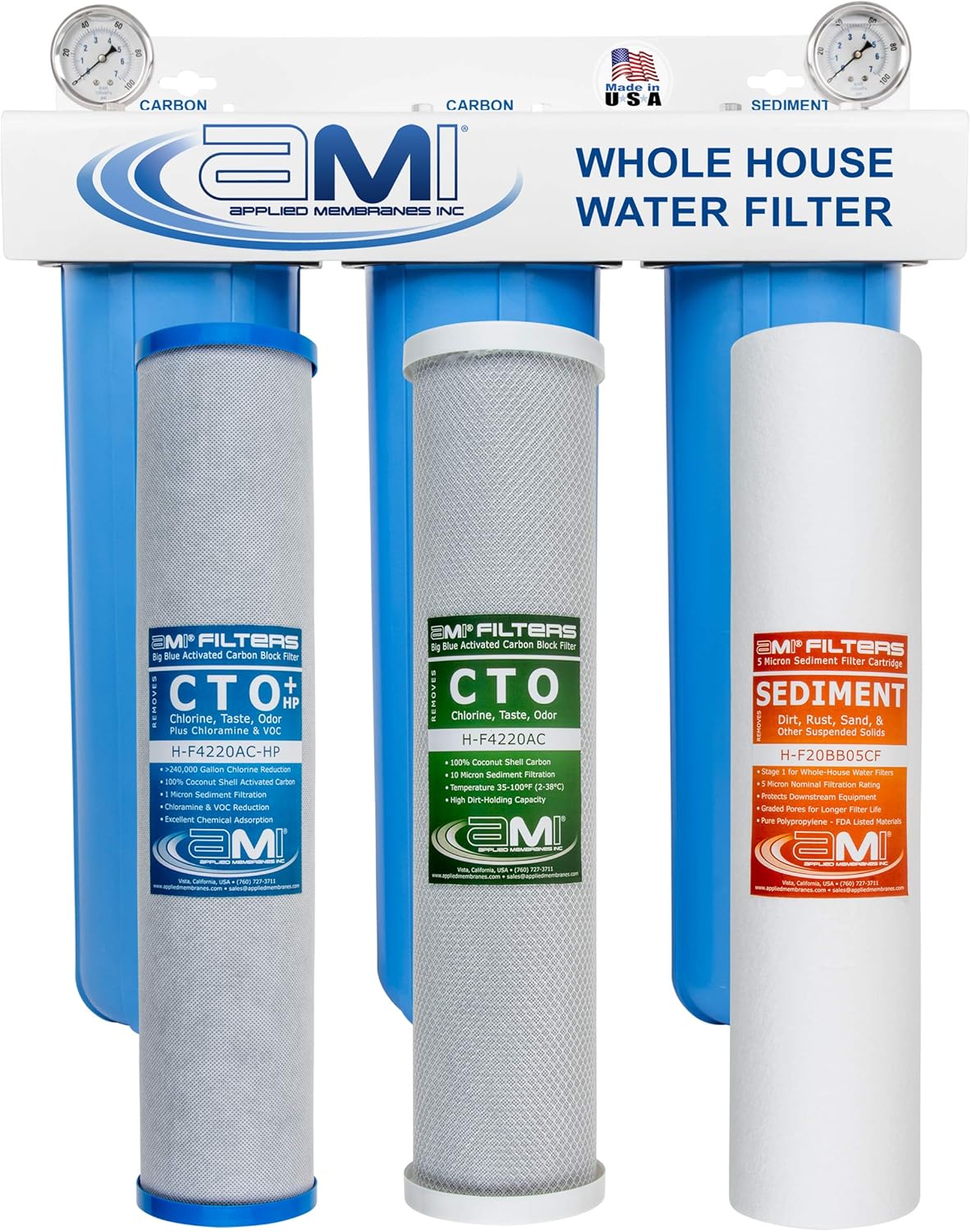 APPLIED MEMBRANES INC 3-Stage Whole House Water Filter System with 20-Inch Big Blue Sediment and Carbon Block Filters | Removes Sediment, Chlorine, Chloramine, Chemicals, Taste & Odor