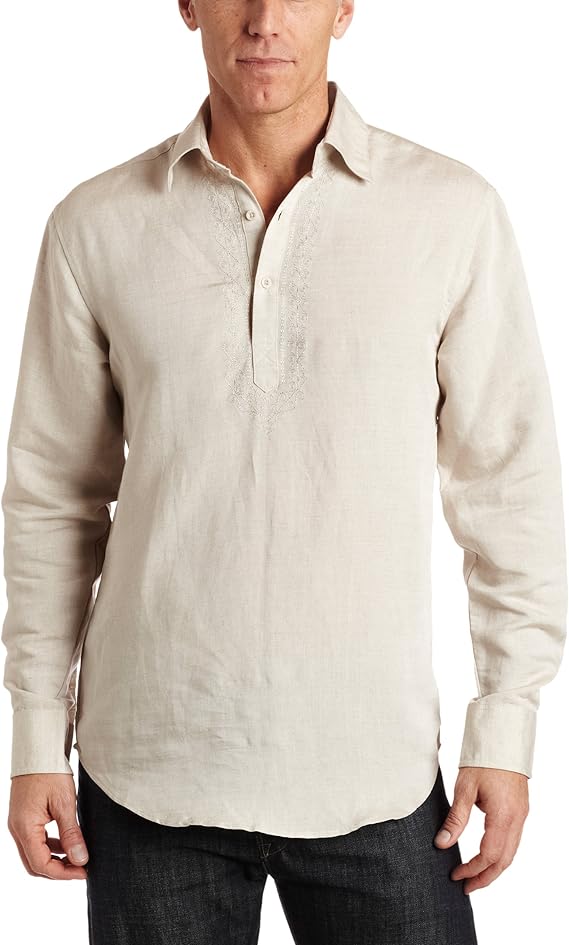 Cubavera Men's Long Sleeve Embroidery Point Collar Popover Shirt
