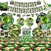 Camo Birthday Party Decoration - Army Party Supplies, Plates Cups Napkins Camo Tablecloth Happy Birthday Banner Balloons Cake