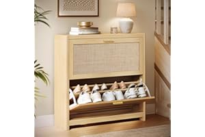VASAGLE ELLAN Collection - Boho Shoe Storage Cabinet for Entryway Slim, Entry Shoe Cabinet with Rattan-Look Flip Drawers, Rou