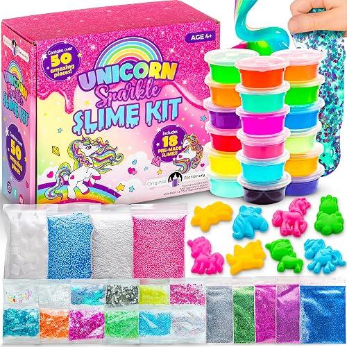 Original Stationery Unicorn Sparkle Slime Kit, 50-Piece Fun Slime Already Made Kit with 18pcs Pre-Made Fun Slime, 8 Moulds, and Tons of Fun Add-Ins, Great Gift Idea and Slime Kits for Girls