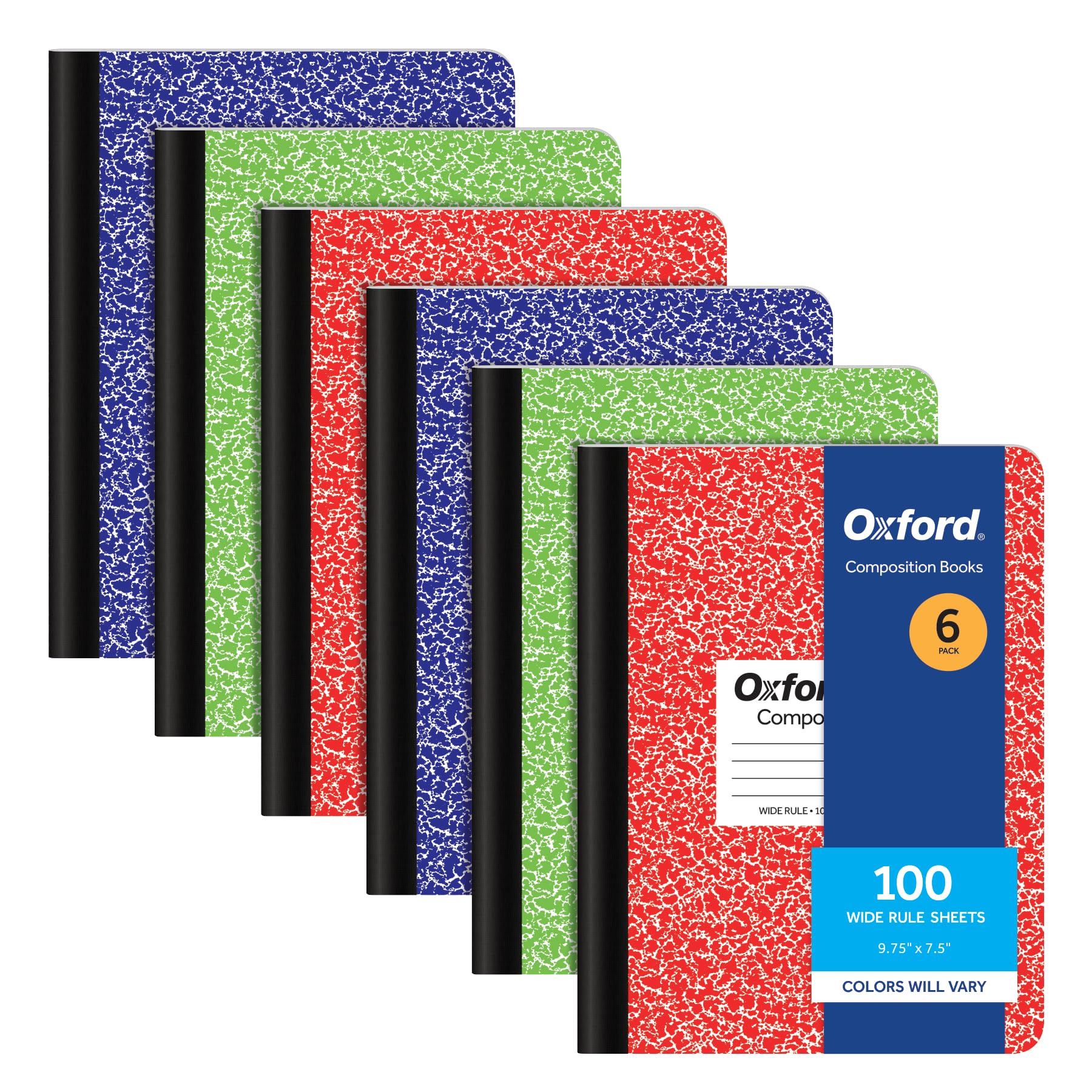 Oxford Composition Notebook 6 Pack, Wide Ruled Paper, 9-3/4 x 7-1/2 Inches, 100 Sheets, Assorted Marble Covers, 2 Each: Blue, Green, Red (63762)