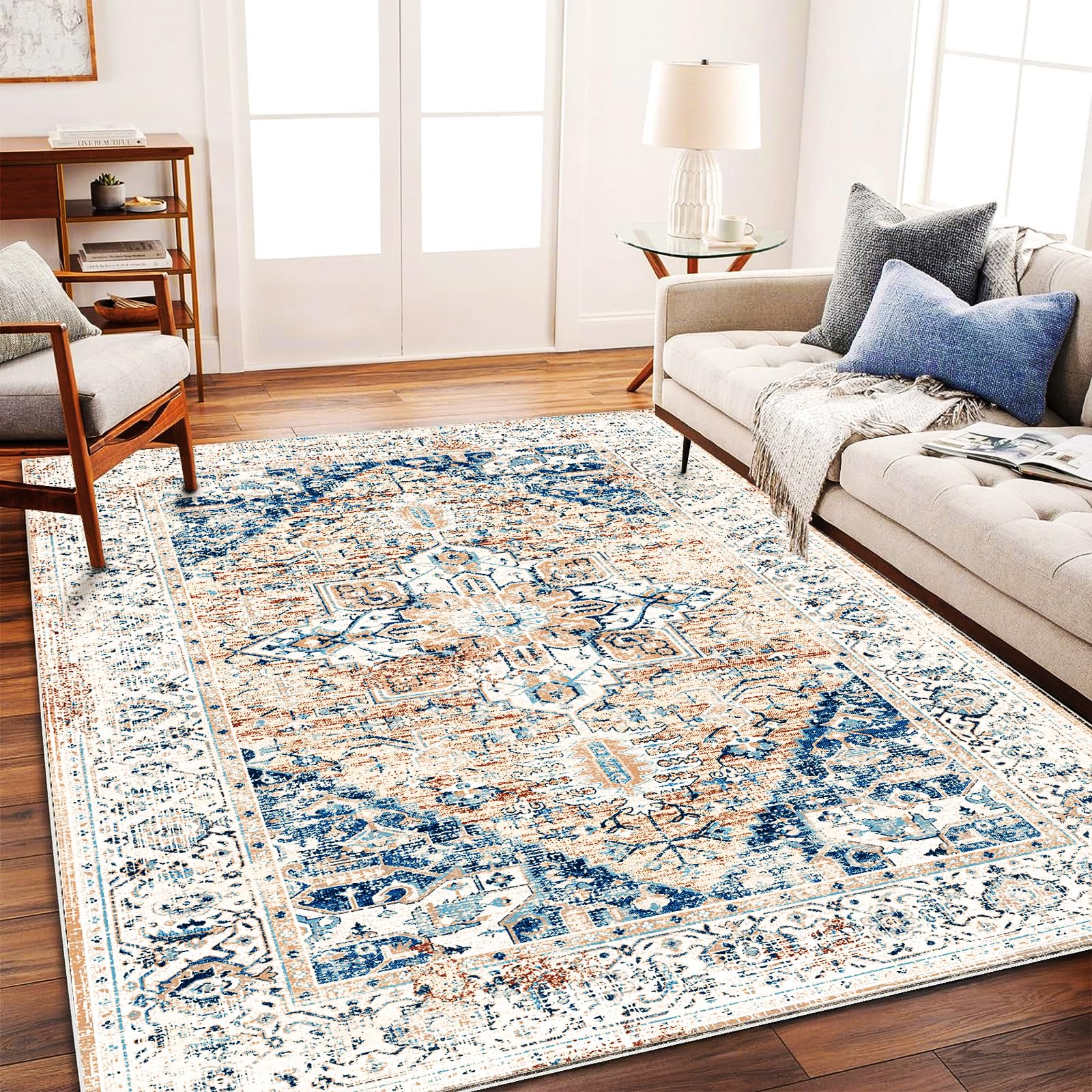CHAMPLANT Washable Area Rug 5x7 for Living Room Retro Boho Chic Medallion Distressed Design Indoor Non-Slip Large Oriental Accent Throw Rug for Kitchen Bedroom Office Carpet Image