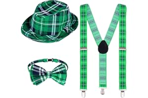 SUMERSHA 3Pcs St. Patrick's Day Hat Bow Tie and Suspenders Set for Women Men Adult Green Plaid Irish Cosplay Outfit, Green, f