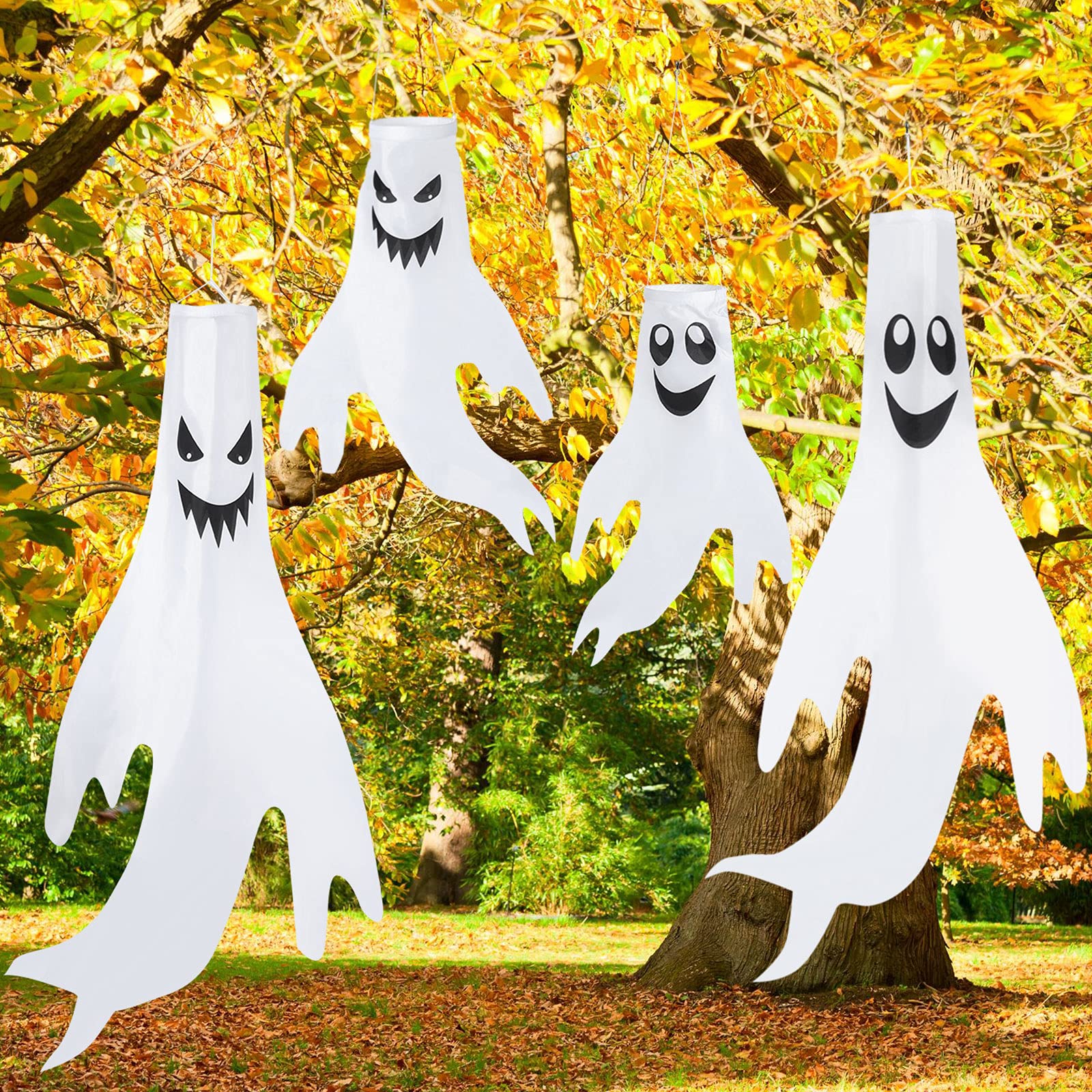 4 pcs 43 Inch 18 Inch Halloween Ghost Decorations Halloween Ghost Windsocks Decorations for Home Decor Outside for Party Supplies