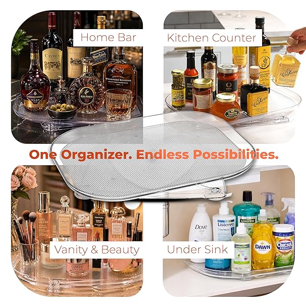 OIZEIR REFRIGERATOR LAZY SUSAN TURNTABLE – CLEAR RECTANGULAR FRIDGE ORGANIZER WITH SUCTION CUPS, 360° ROTATING TRAY FOR SIDE-BY-SIDE REFRIGERATORS, CABINET & PANTRY ORGANIZATION