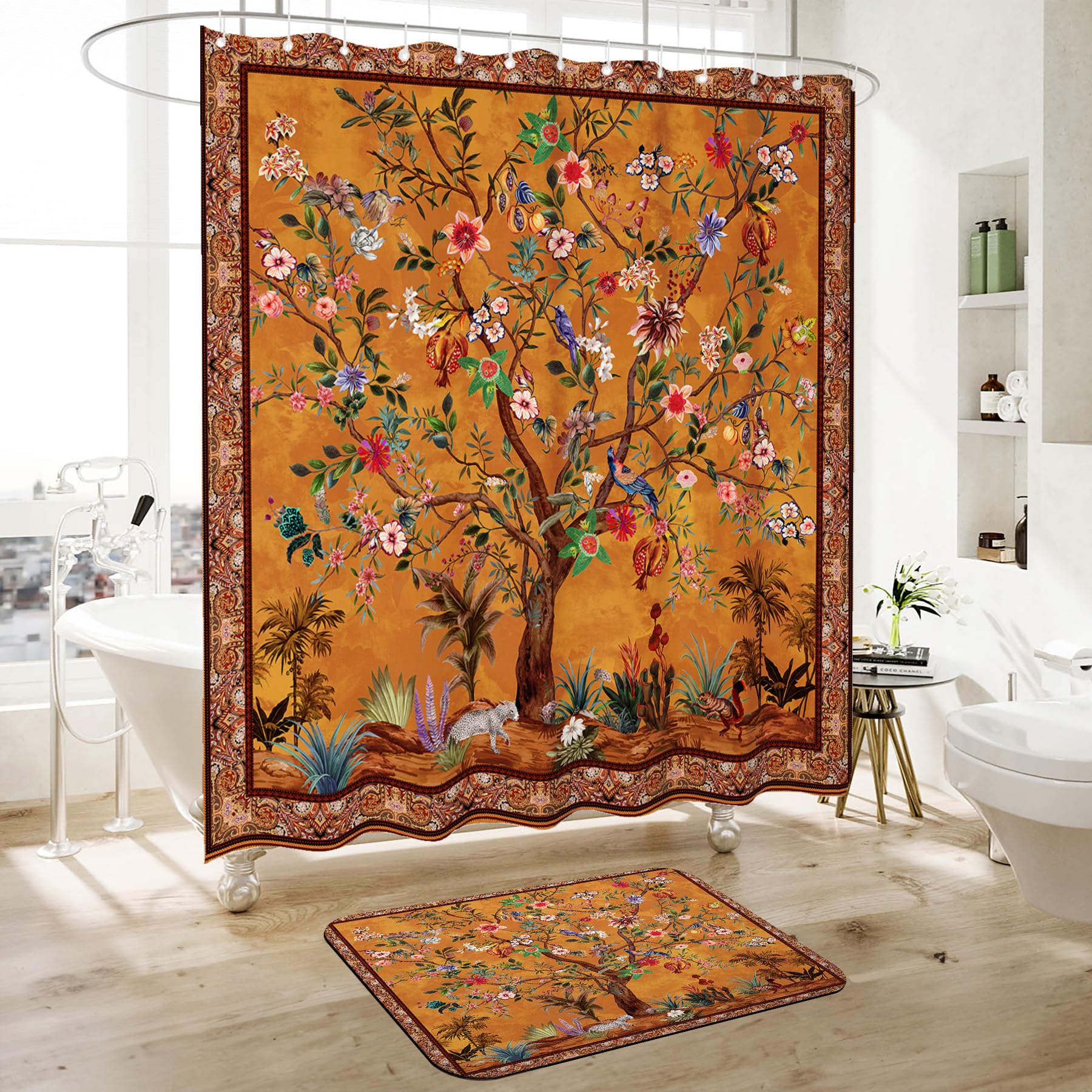 Photo 1 of WC WAH CHUN Shower Curtain Set with Non-Slip Quick Dry Rugs 16 x 24 and Bathroom Colorful Boho Floral Print Waterproof Fabric Bath Shower Curtain 72" x 72"