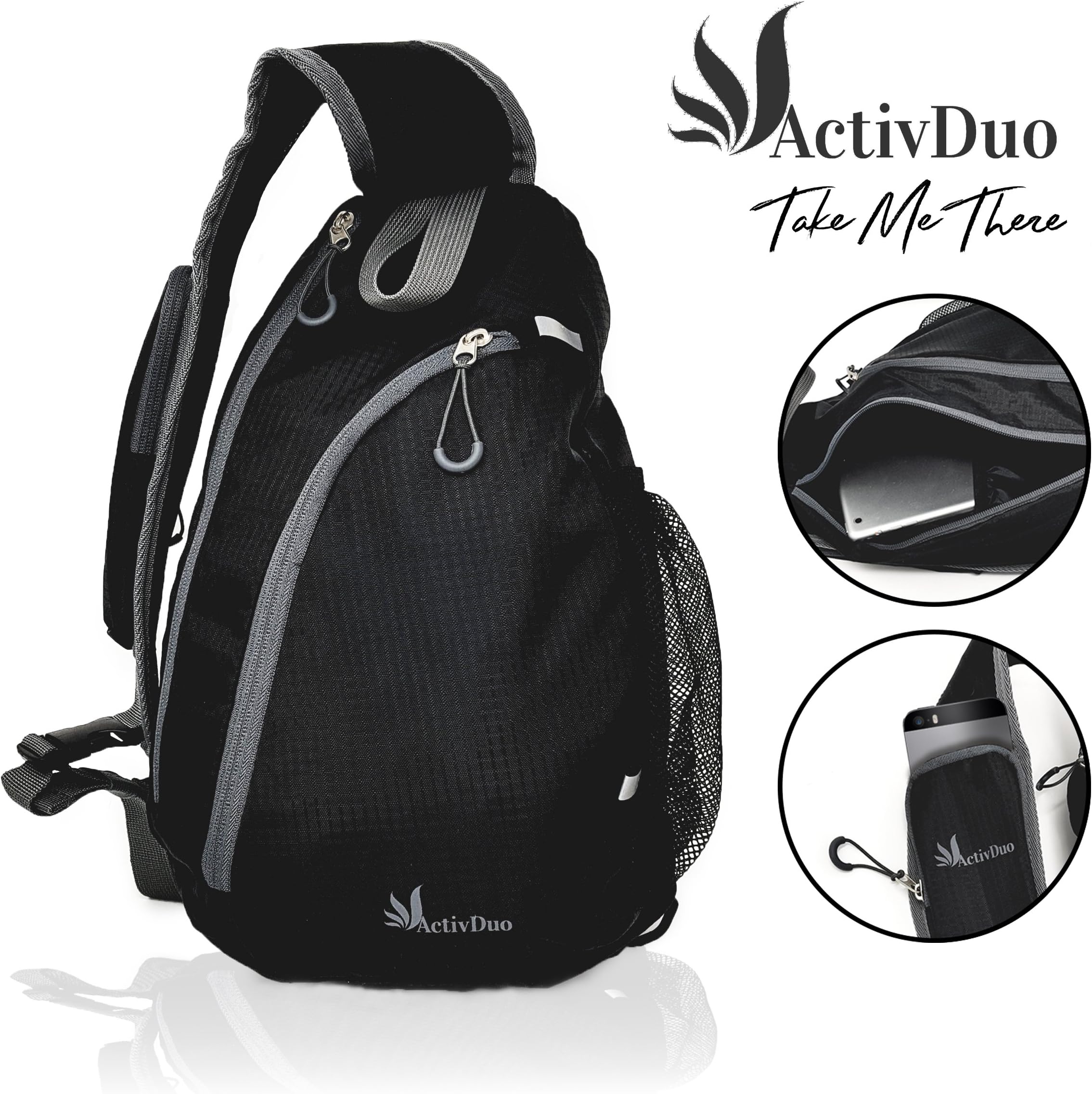 Black Small Crossbody Waterproof Sling Shoulder Backpack | Men Women Travel Universal Hiking Bag Daypack Triangle Multiple Pockets Anti Theft Compartments | H:16.7"xW:4.5"x L:10.2"