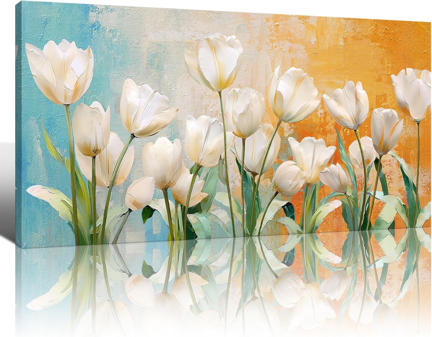 Paintings - Wijotavic White Floral Wall Decor - Multi-Layered Visual Effect - Gradient Color Art & 48x24 Orange White Living Room Wall Decor Artwork Oil Painting
