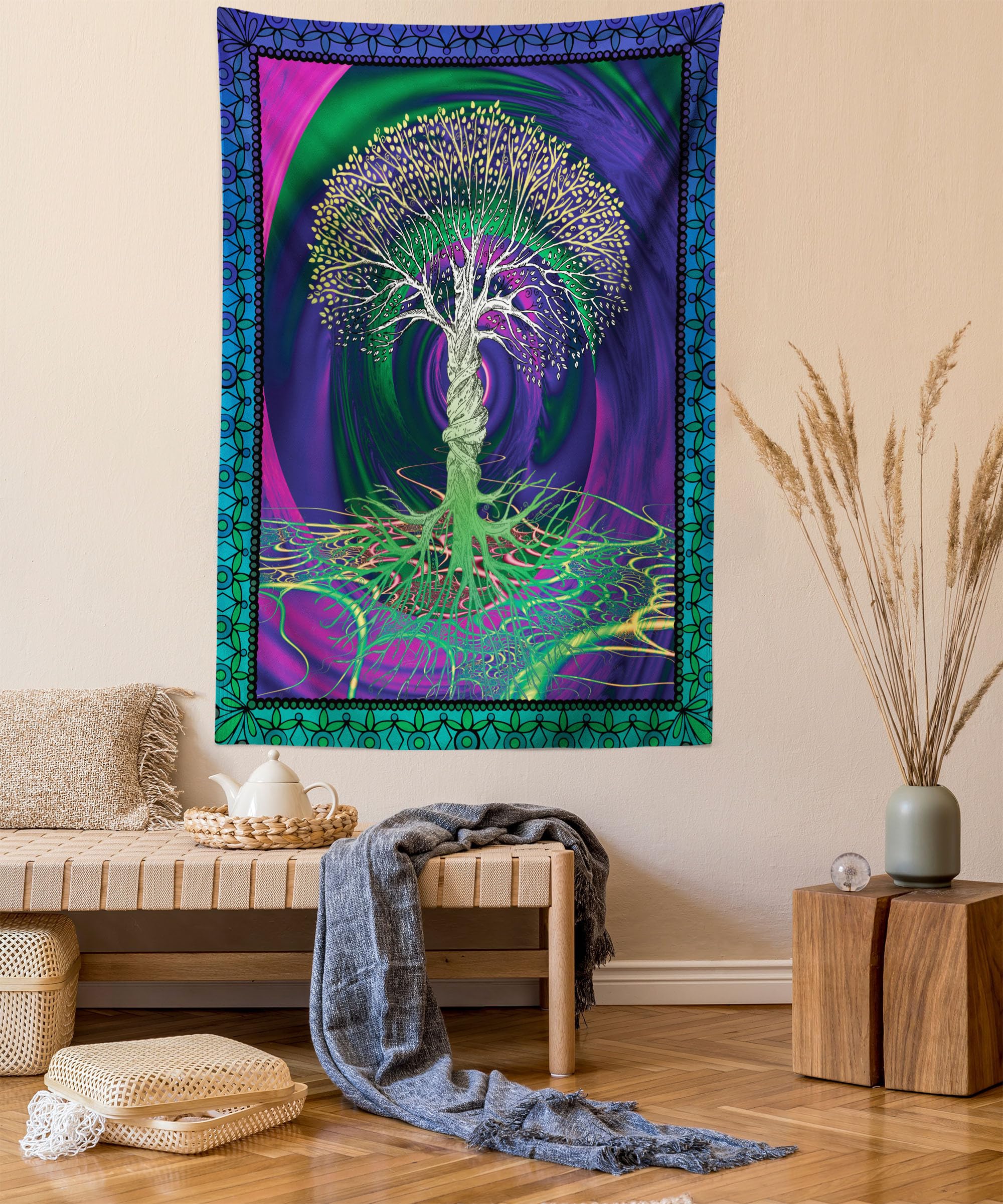 ABAKUHAUS Nature Tapestry, Digital Psychedelic Tree of Life Turning Gothic Background Mystery Display, Fabric Wall Hanging Decor for Bedroom Living Room Dorm, 54 W X 90 L, Purple Fuchsia