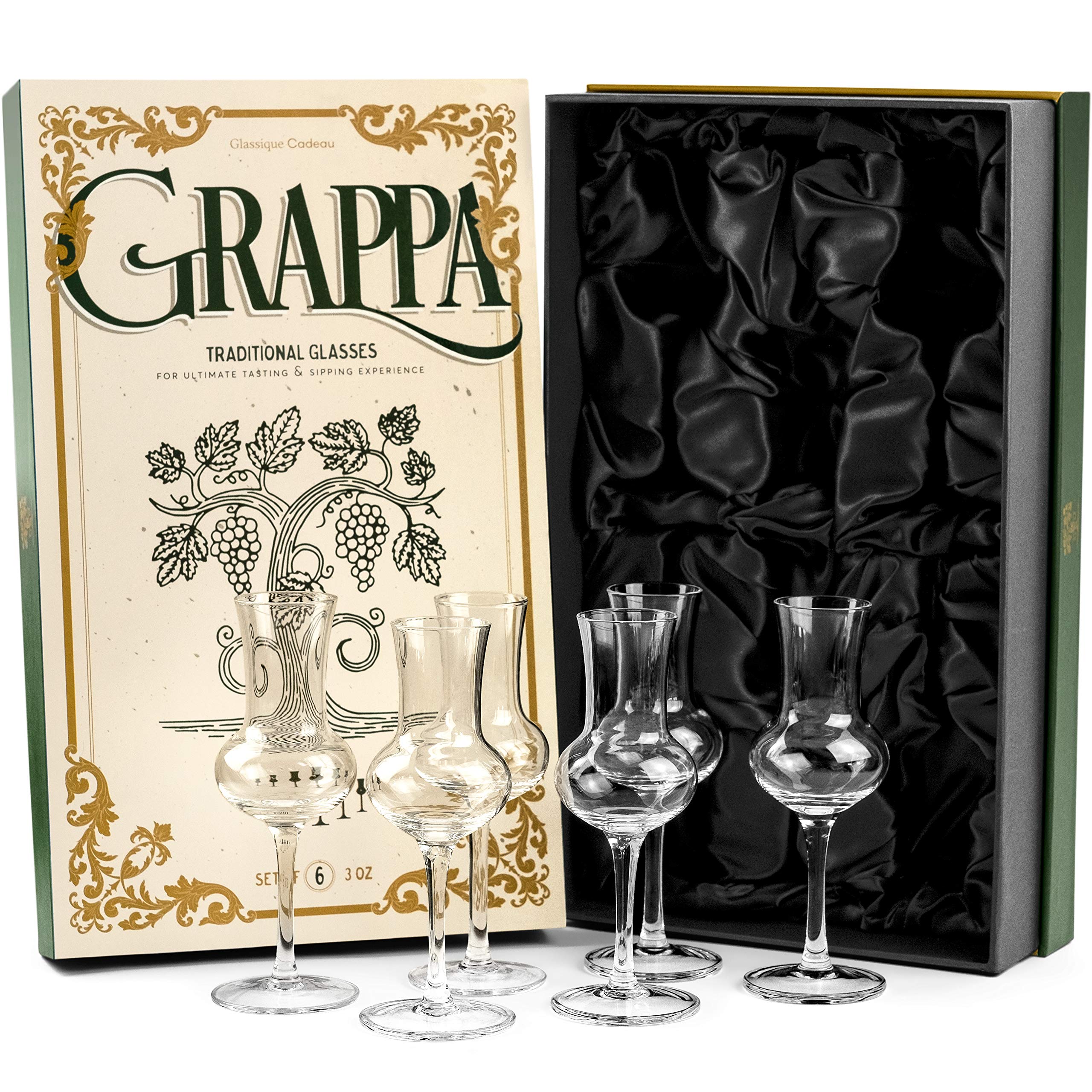 GLASSIQUE CADEAU Crystal Grappa and Cordial Glasses | Set of 6 | Small 90 ml Long Stemmed Spirit Glassware for Liqueur, After Dinner Drink, Aperitif, Digestive | Italian Tulip Shaped Liquor Stemware
