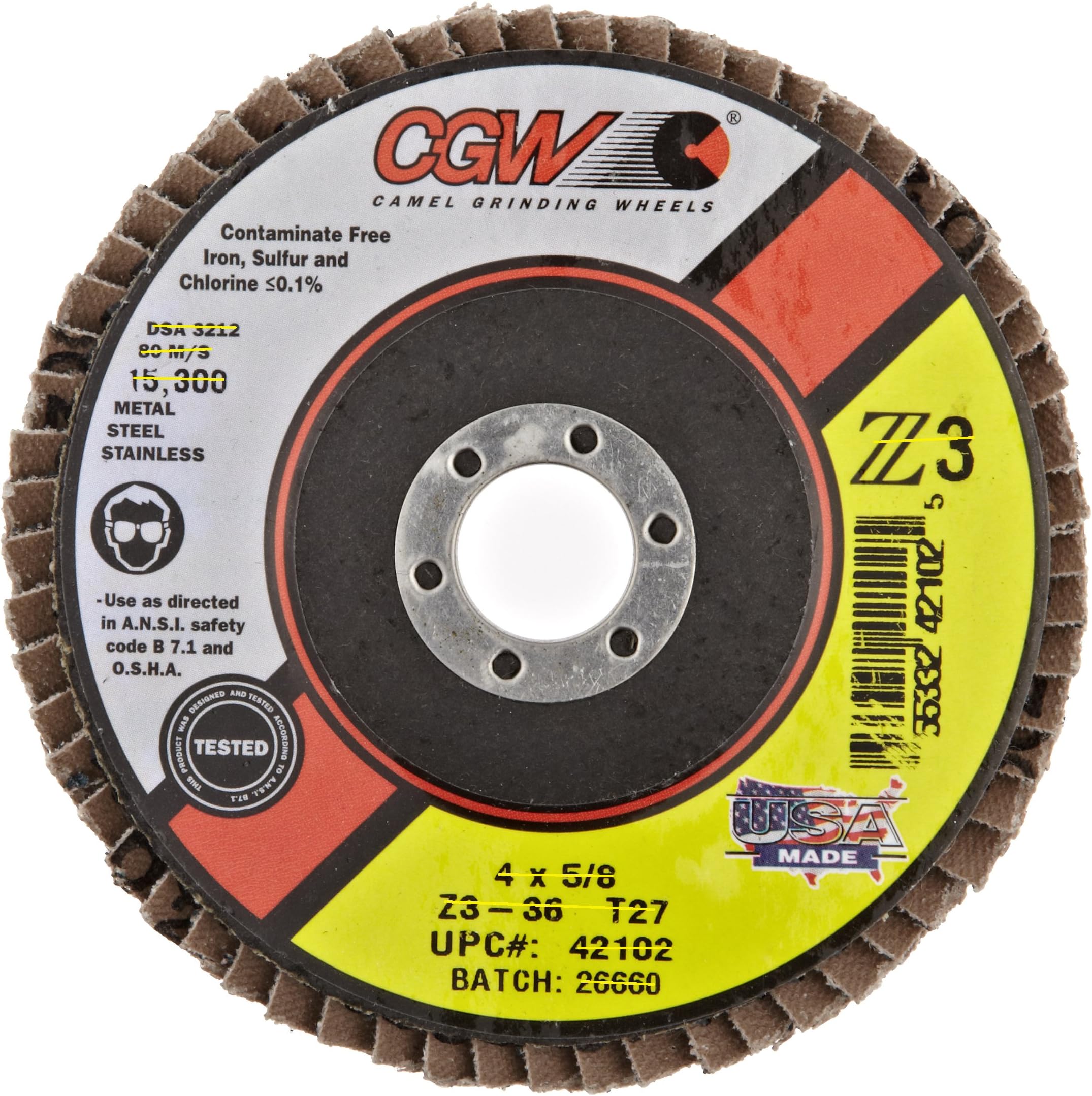 CGW 42102 Premium Z3 Right Angle Grinder Abrasive Flap Disc, Type 27, Zirconia, 4" Diameter, 36 Grit, 5/8" Arbor, Regular Thickness (Pack of 1)
