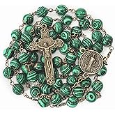 Nazareth Store Antique Bronze Rosary Necklace Genuine 8mm Stone Beads with St. Benedict Cross and Medal