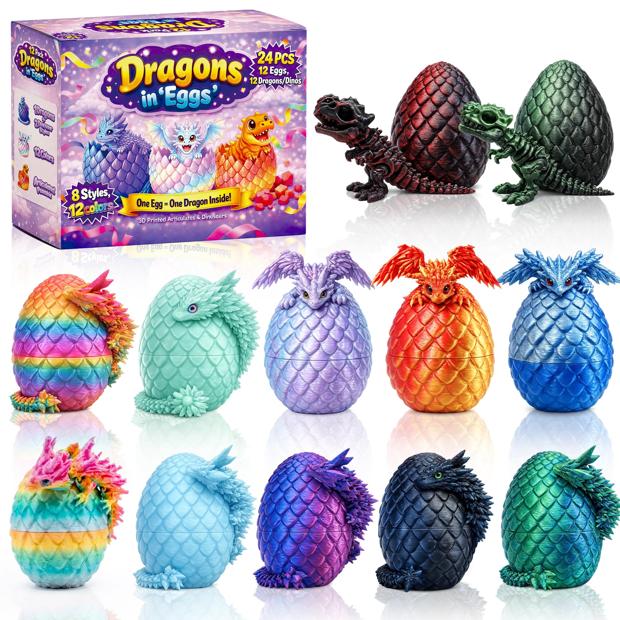 Rubypop 3D Printed Dragon Eggs with Dragon Inside, 12Pack Prefilled Easter Eggs for Basket Stuffers and Essentials, 3D Print Animals Toys Party Favor Gifts for Kids & Collectors