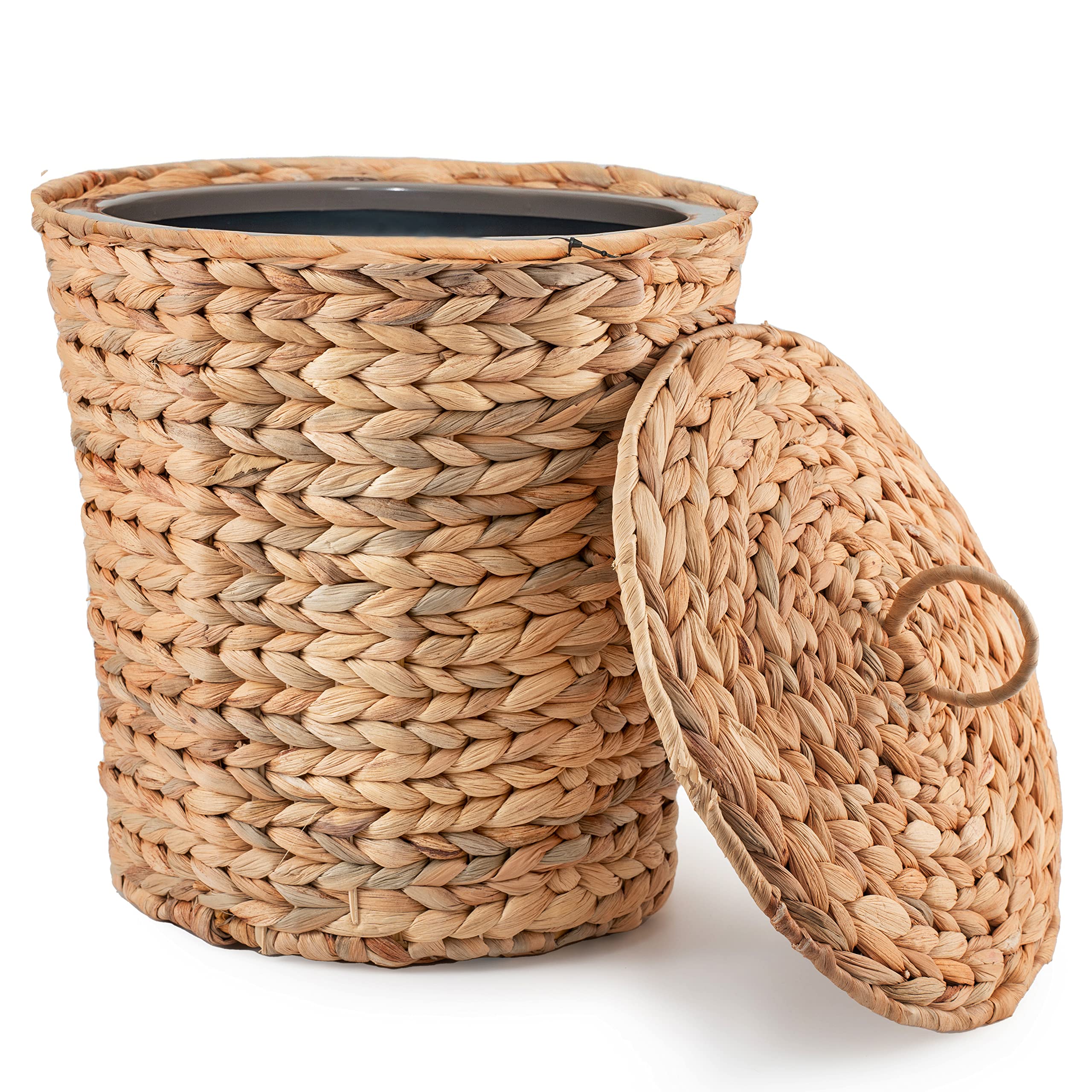 Photo 1 of KOLWOVEN Wicker Trash Can with Lid in Bedroom, Bathroom - Trash Can in Office - Boho Woven Wicker Waste Basket - Office Garbage Cans for Under Desk (Water Hyacinth, Medium (D11 X H11))
