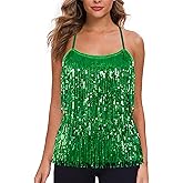 MANER Women’s Sequin Fringe Top Sparkly Party Tank Top Tassel Trim Cami