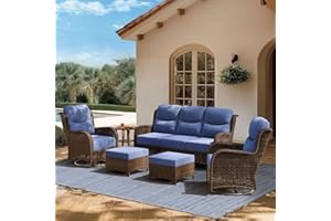 NUSBAY Patio Furniture Set with 6-Inch Thick Cushions, 6PCS High Back Outdoor Couch and Swivel Rocker Chairs, Wicker Conversation Set for Porch, Deck, Yard in Blue