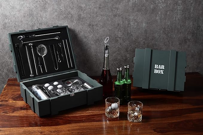 Bar Box Portable Premium Bartender Accessories Set kit 28 pcs-Mixologist kit,Cocktail Shaker, Beer & Wine Chiller Stick,Whiskey Stones,Bartending Kit,Crystal Glasses in Military Green Wooden Box