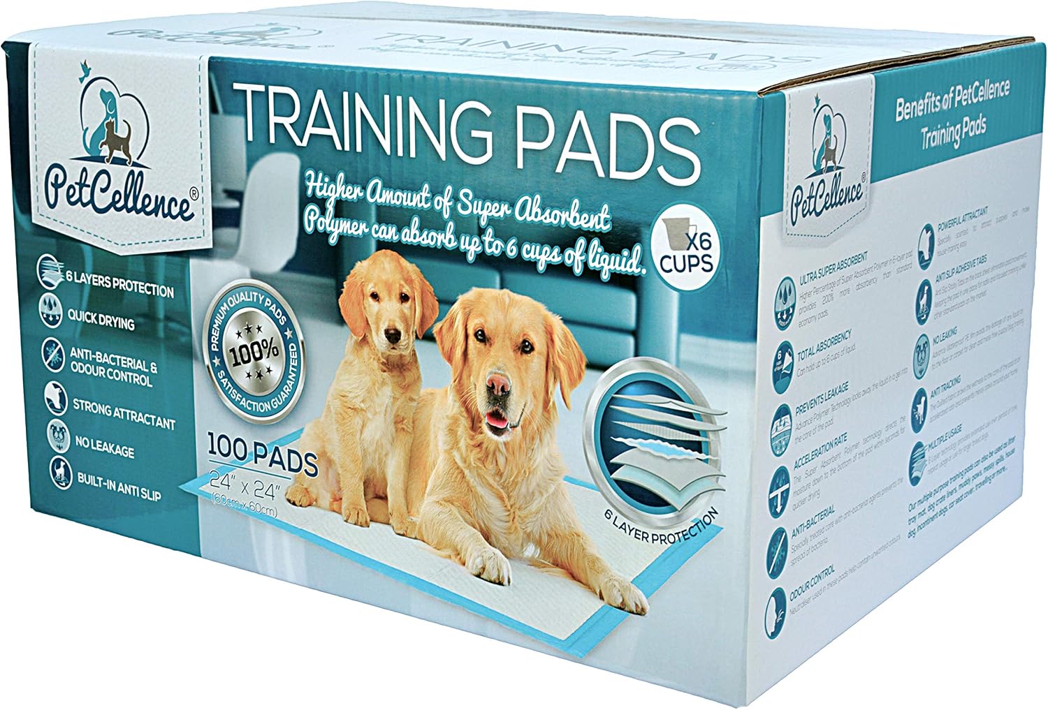 PetCellence Puppy Training Pads 100 Pack, Large 60 x 60cm Super Absorbent Dog Pads