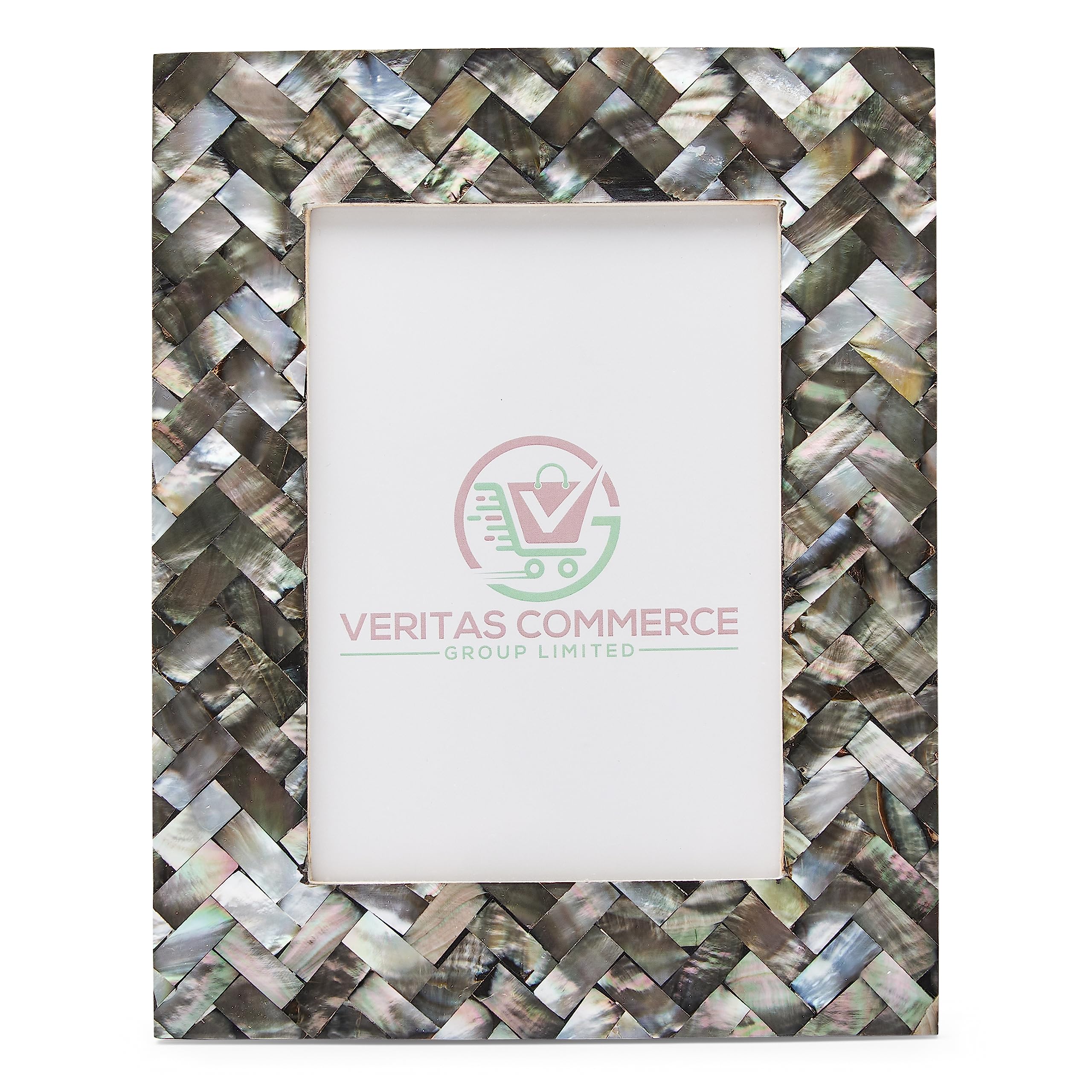 Veritas Commerce Group Handcrafted Mother of Pearl Photo Frame | Silver Photo Frame 6 x 4 | Handmade Wooden Picture Frame Herringbone Design | Vintage Decor | Tabletop Frame |
