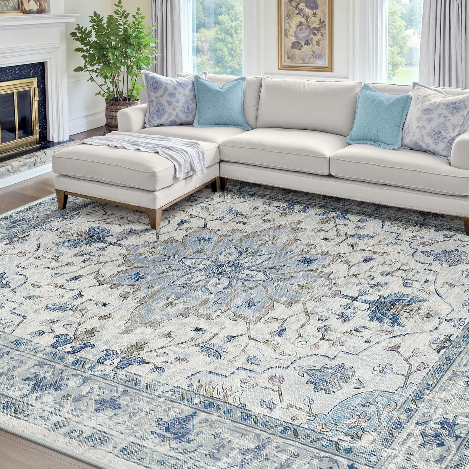 Photo 1 of RELEANY Area Rugs 8'x10' Washable Non-Slip, Floral Vintage Distress Print Pattern Medallion Carpet for Living Room Bedroom Dining Room, Light Blue Navy Beige Gray White