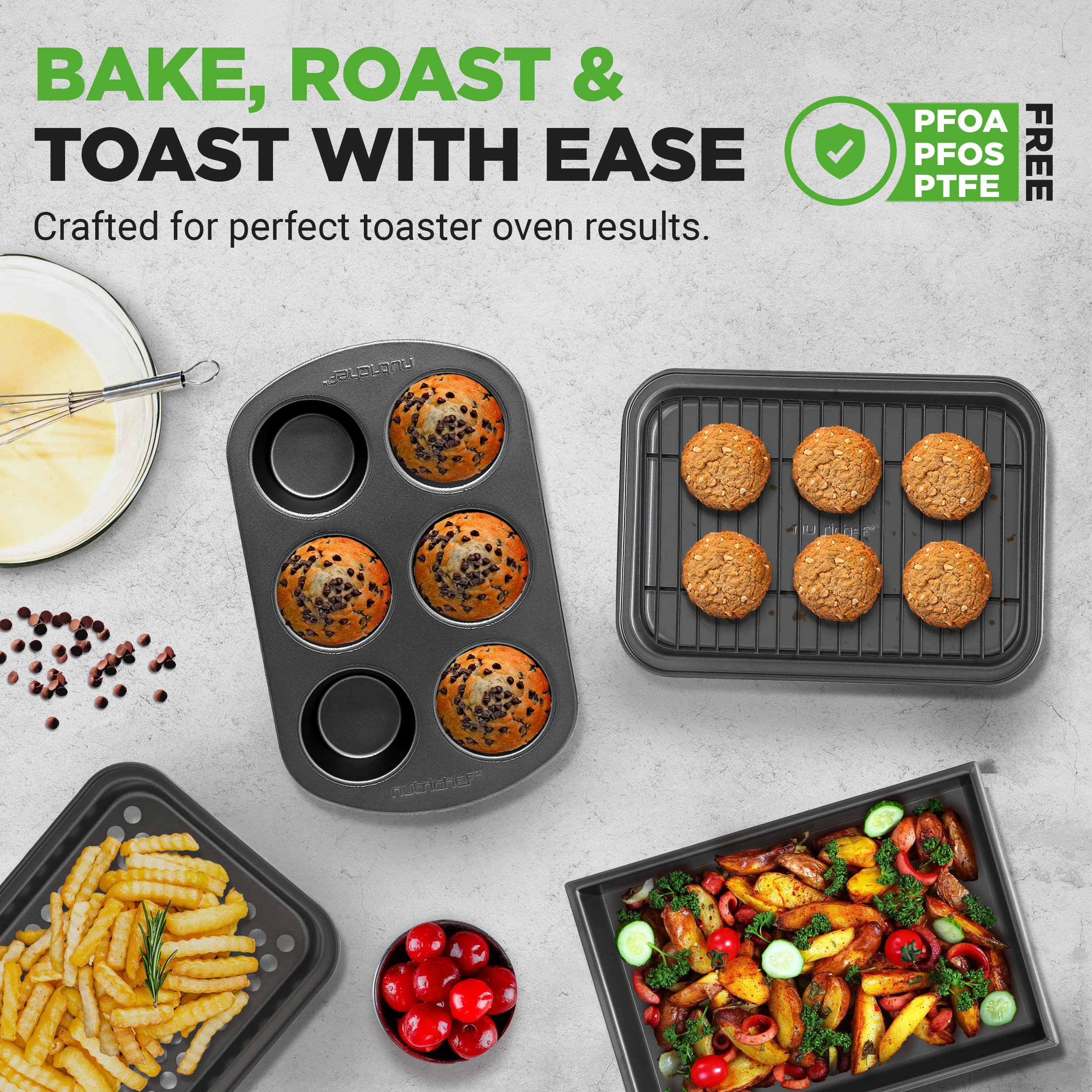 NutriChef 6-Piece Toaster Oven Bakeware Set, Compact Non-Stick Stackable Baking Pan Set with Muffin Pans, Roasting Tray & Baking Sheets, Durable Stain-Resistant Carbon Steel Design for Toaster Ovens
