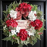 vivimemo 22 Inch Valentine's Day Wreath, Red White Artificial Hydrangea Wreath with Happy Valentine's Day Sign, Polka Dot Bow & Heart Decor, Front Door Wreaths for Wall Fireplace Porch Home Decor