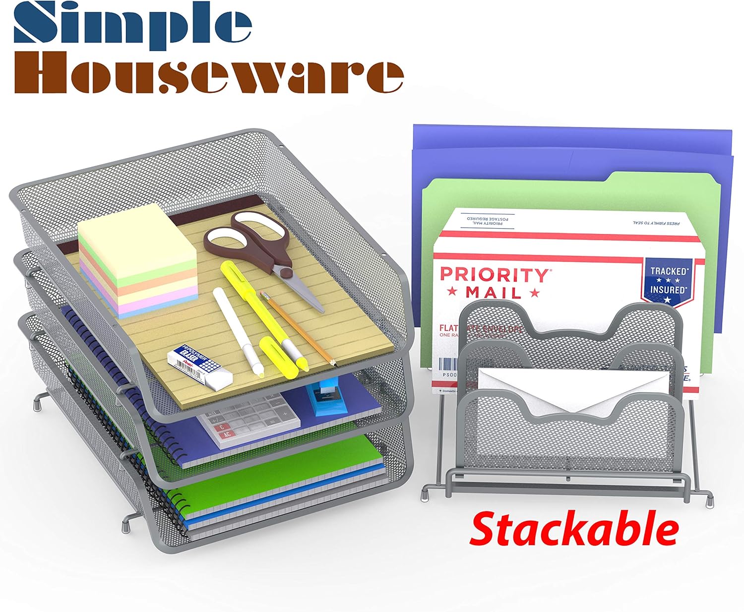 SimpleHouseware 3-Pack Stackable Desk File Document Letter Tray w/ 5 Compartments Step File Organizer, Black : Office Products