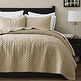 palassio Dark Beige 100% Cotton Quilt Queen Size Bedding Sets with 2 Pillow Shams, Textured Lightweight Soft Bedspread Shabby Chic Coverlet, Quilted Comforter Bed Cover for All Season, 3 Pieces