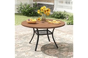 ARKOST 40.6" Patio Dining Table for 4, Round Outdoor Metal Dining Table with Umbrella Hole for Lawn Garden Backyard, Walnut