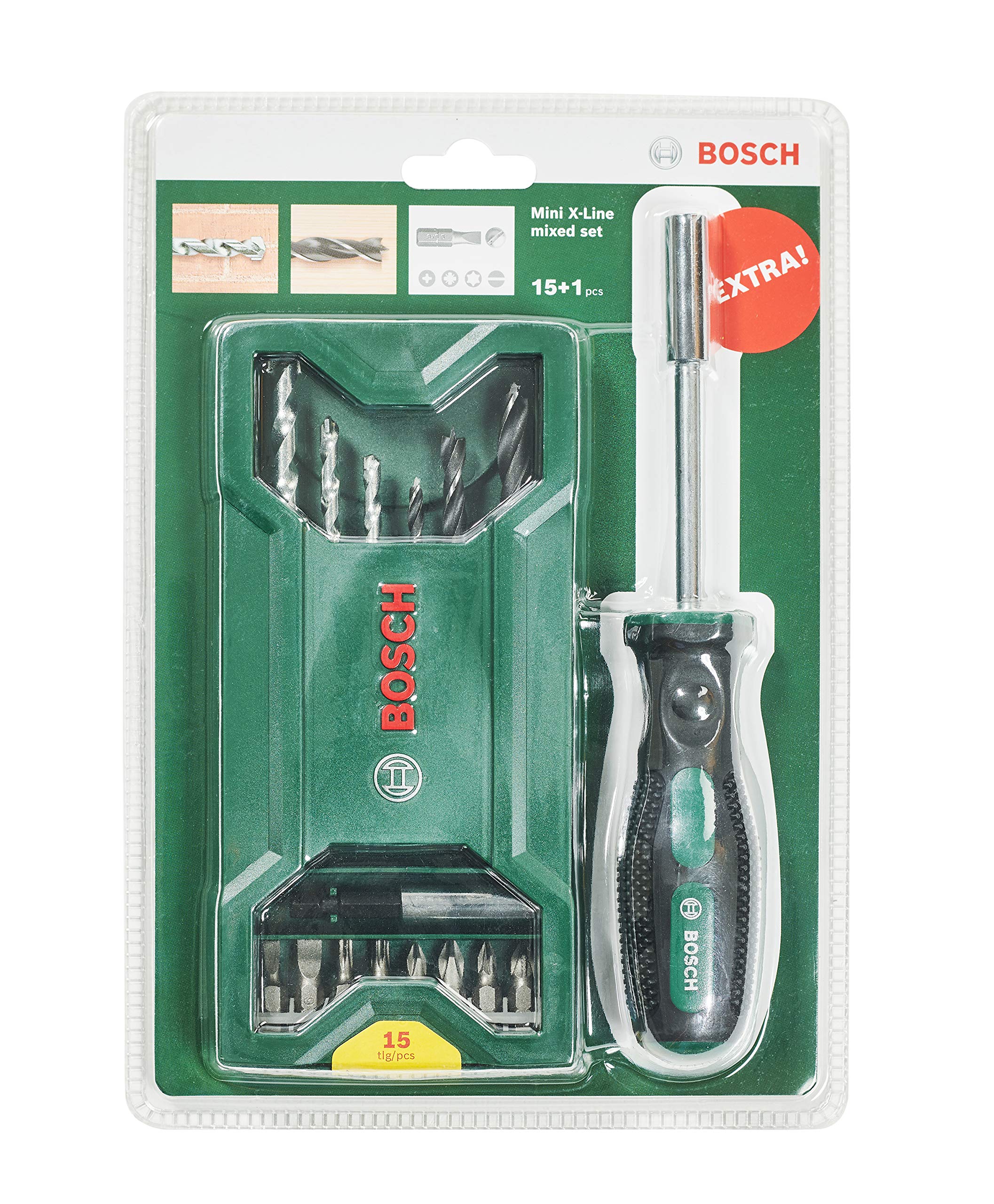 Bosch 15+1-piece Mini X-Line Mixed Set + Screwdriver (for Wood and Stone, Drill Driver/Screwdriver Accessories)