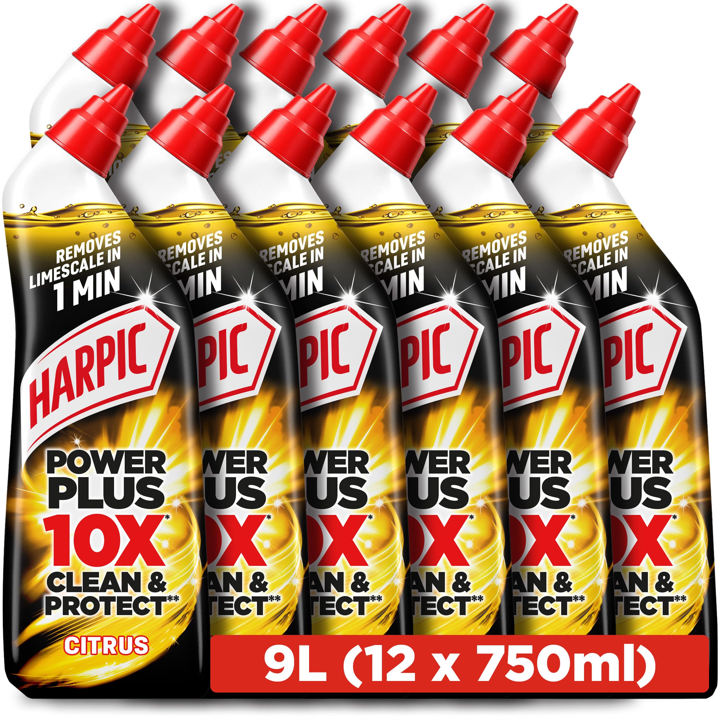 Harpic Power Plus Toilet Cleaning Gel, Citrus, 750ml (12 x 750ml, Total 9.0L), Removes Limescale in 1 minute, Powerful Deep Clean, Toilet Cleaner, Kills 99.9% of Bacteria