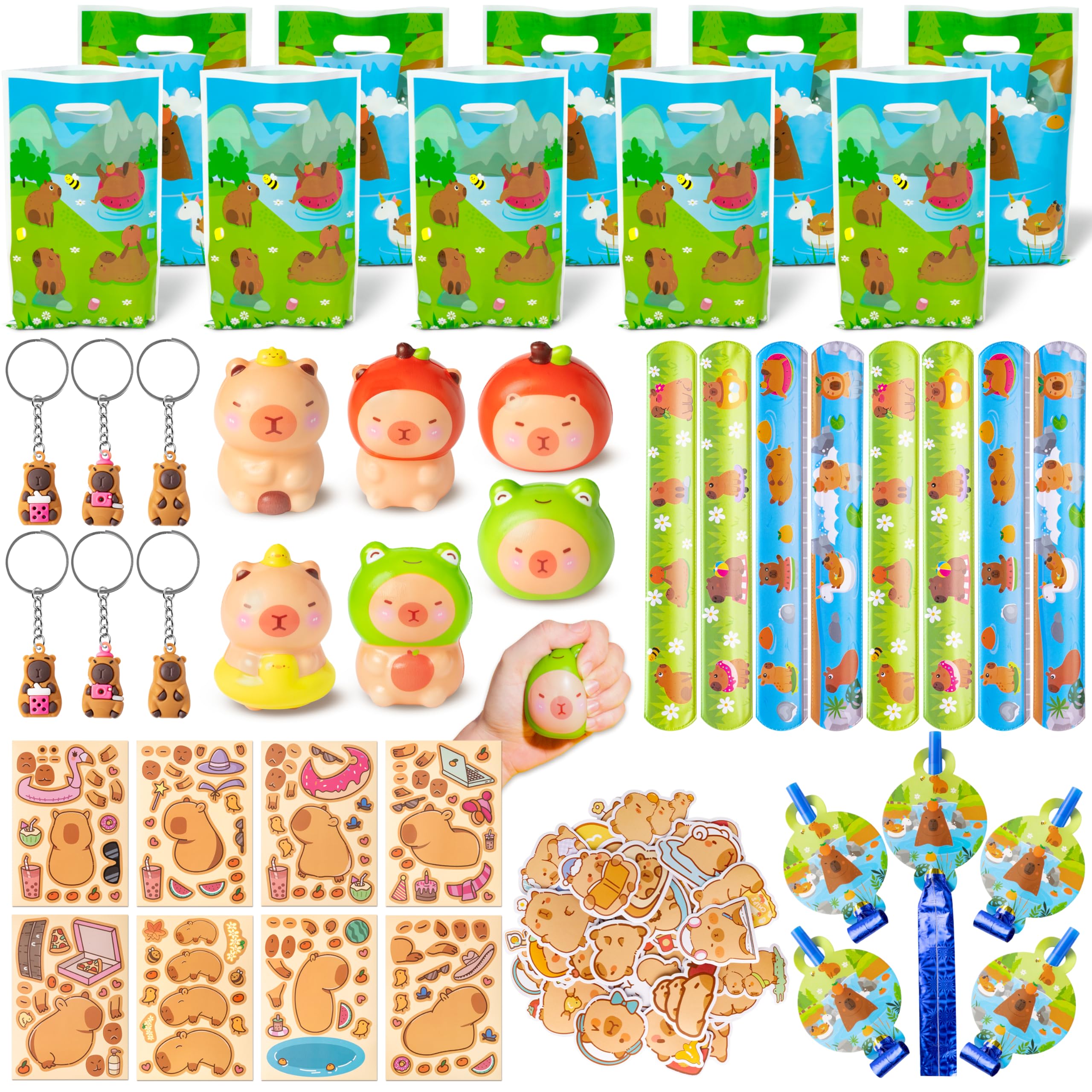 TirEurt 116Pcs Capy Party Favors - Cute Capy Party Decorations with Fidget Toys, Blow Dragons, Gift Bags, Slap Bracelets, Keychains and Stickers for Kids Classroom Prizes Birthday Gifts