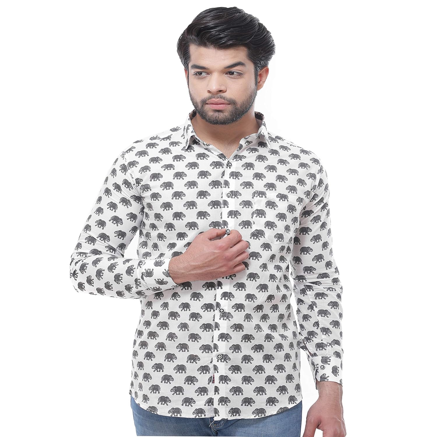 Buy Prinit Attires Men's Jaipur Sanganeri Print Elephant Print Full Sleeve Cotton Shirt at Amazon.in