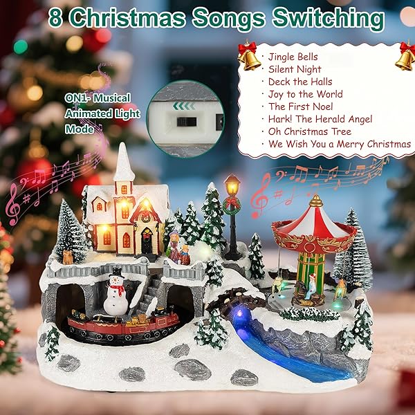 TWIRLETERNITY ANIMATED CHRISTMAS VILLAGE (ROTATING TRAIN & CAROUSEL)(PLAY 8 CHRISTMAS SONGS) RESIN LED LIGHTED WINTER COLLECTIBLE BUILDINGS HOLIDAY INDOOR DECOR