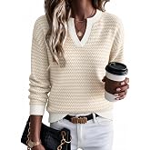 Arach&amp;Cloz Women's Polo Striped Long Sleeve Casual Sweaters Breathable Tops | 100% Cotton, Lightweight Knit, V Neck Pullover, Relaxed Fit, Work&amp;Business Casual Outfits, Fashion Clothing, Summer Fall 2026
