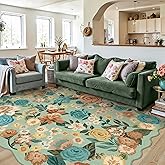 PureCozy Washable Floral Area Rug 5x7 Green Living Room Carpet Scalloped Flower Non Slip Soft Bedroom Rug Farmhouse Low Pile Thin Indoor Floor Cover for Office Dining Room Kitchen Bathroom