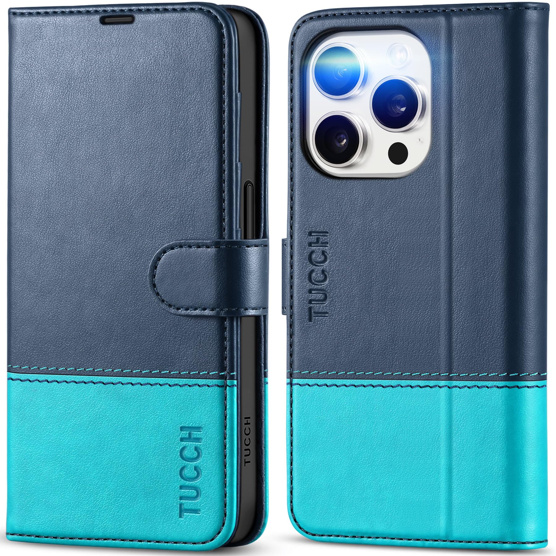TUCCH Wallet Case for iPhone 15 Pro (6.1") 2023, Magnetic PU Leather Stand Flip Stand Foldable Cover with[RFID Blocking][Card Slots][Shockproof TPU] Compatible with iPhone 15 Pro 5G, Blue & Lake Blue