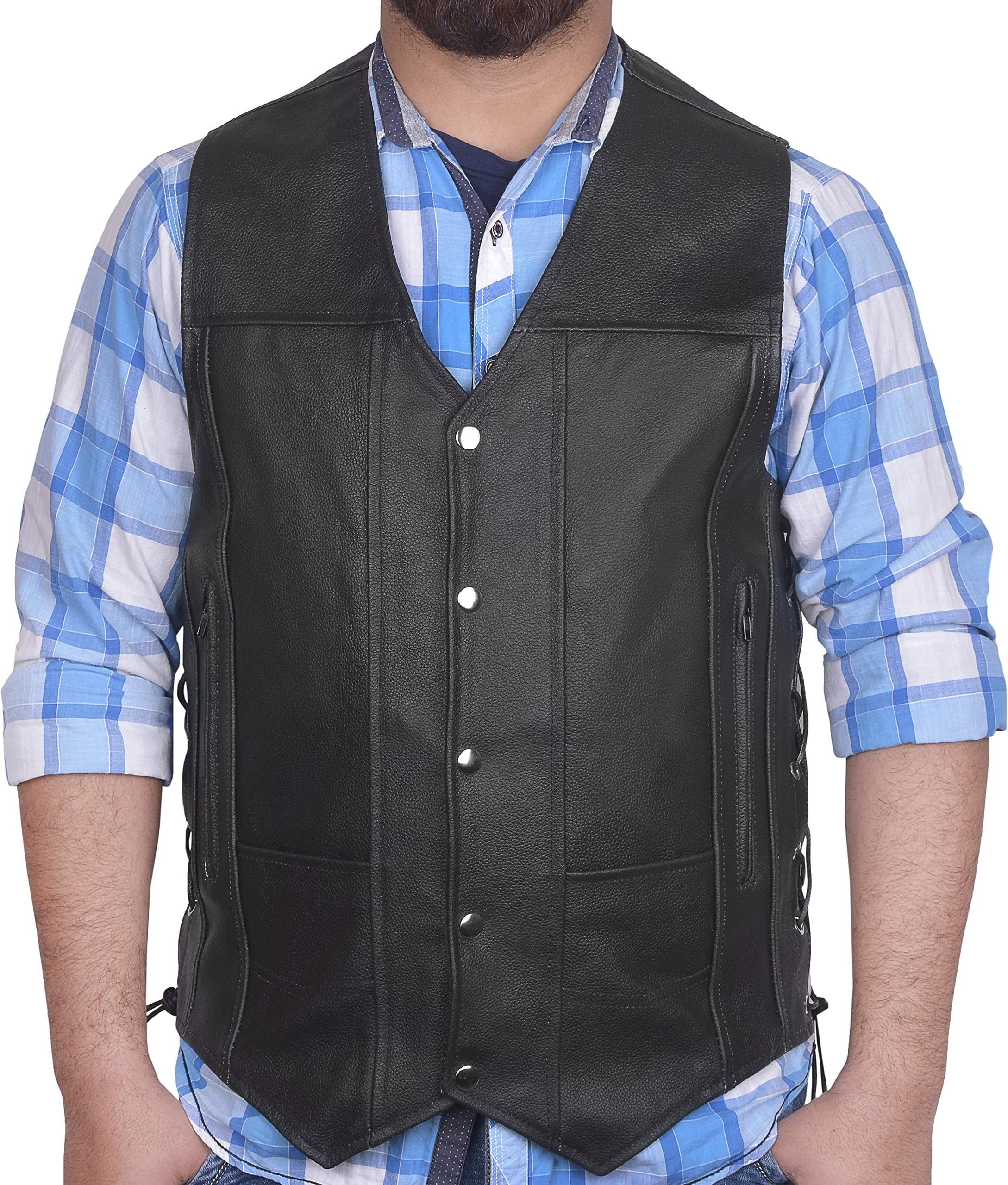DEFY Genuine Leather 10 Pockets Motorcycle vest for Men and Women - Concealed Carry Gun Pockets Motorcycle Biker Vest with Solid Back for Patches (2XL (CHEST 48-50 INCHES))