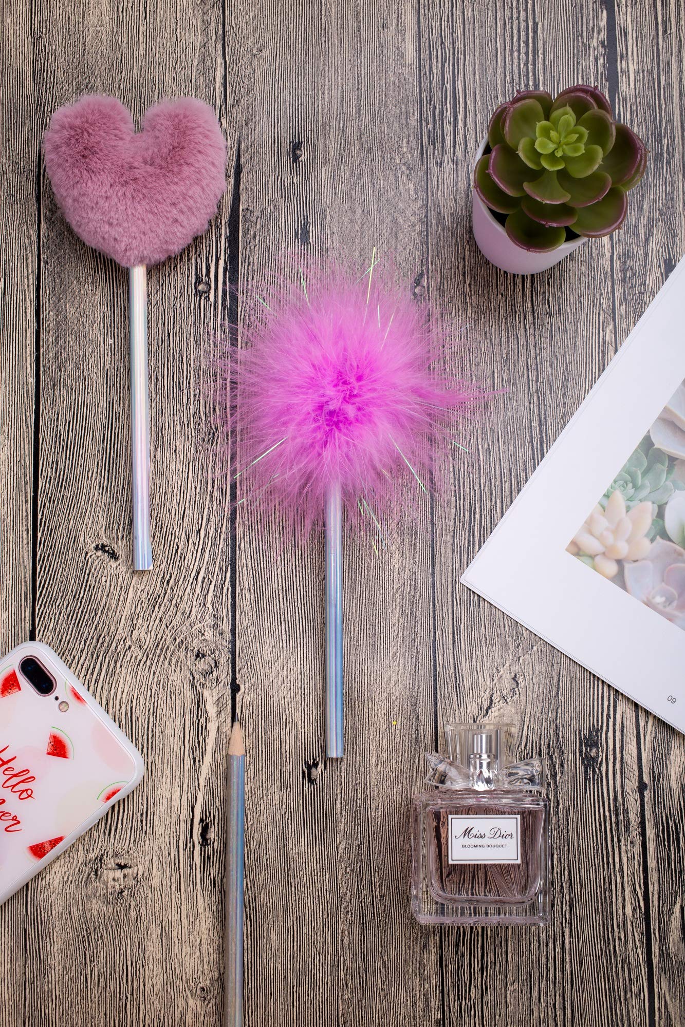 Lazyaunti Cute Fluffy Pencils for Kids Fancy Fun Pencil Toppers Plush Ball Classroom Gift Personalized School Supplies for Girls (Purple Heart)