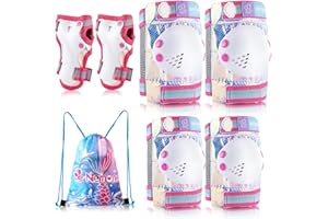 NEMONE Mermaid Knee Pads for Kids, Girls Boys Knee Elbow Pads Wrist Guards with Drawstring Bag, Adjustable Reflective Protective Gear Set for Roller Skates Bike Cycling Skateboard Scooter Blue S