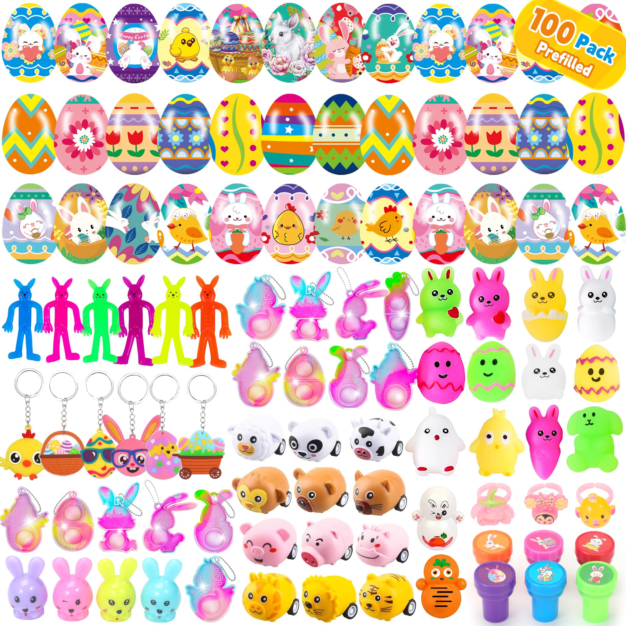 PLOUGVI 100 Pcs Prefilled Easter Eggs with Toys, Filled with Toys Party Favors for Kids Boys Girls Easter Eggs Hunt, Basket Stuffers Fillers, Classroom Prize Supplies