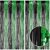 2 Pack Green & Black Fringe Backdrop, 3.2x8.2ft Shining Foil Tinsel Curtains, Birthday Party Decorations Door Streamers for Halloween, Christmas, Wedding, Graduation, Holiday, Theme Events
