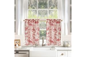 DriftAway Kitchen Curtains Toile Tier Linen Short Curtains Cafe 36 Inch Length for Living Room Bathroom Farmhouse French Country Vintage Printed Pattern Rod Pocket 2 Panels Red