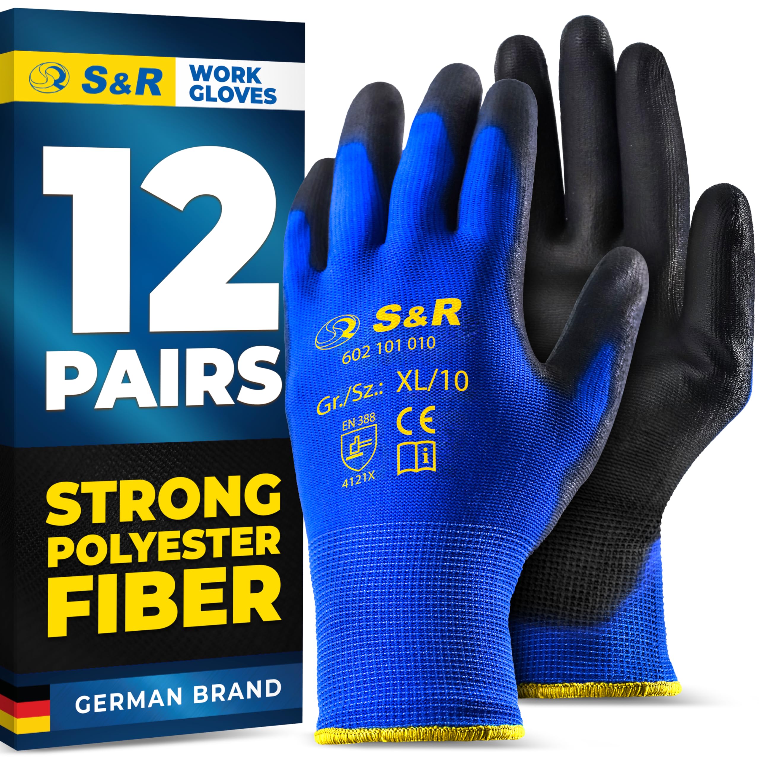 S&R Work Gloves 12 Pairs Of Basic Nylon Fibre With Pu Coating, Protective Gloves Suitable For Private And Commercial Use Blue/ Black XL/10