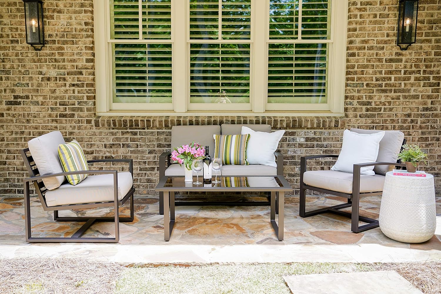 Amazon Com Leisure Made Jasper 4 Piece Outdoor Seating Tan Fabric Furniture Decor