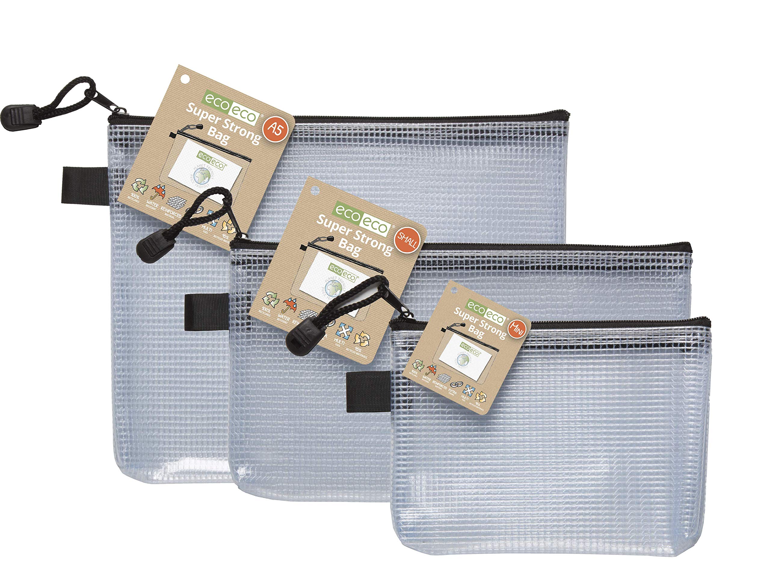 eco-eco Mini, A5 and Dl 95% Recycled Super Strong Bags Triple Pack, Waterproof Mesh Tuff Bag, Reinforced, Black Zip Closure ecoBundle36_37_38,230mm x 125mm