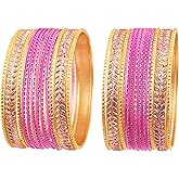 Touchstone Indian pink bangles for women bollywood desi jewelry chunky texture alloy metal stones bangle bracelets chudiyan set bridal wedding guest outfit accessories.