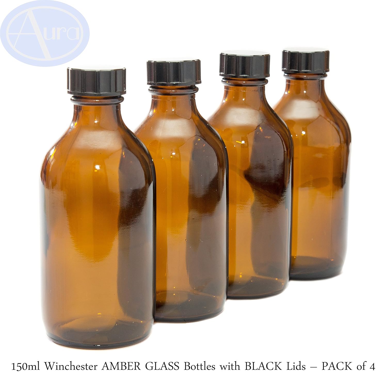150ml Winchester AMBER GLASS Bottles with BLACK Lids PACK of 4